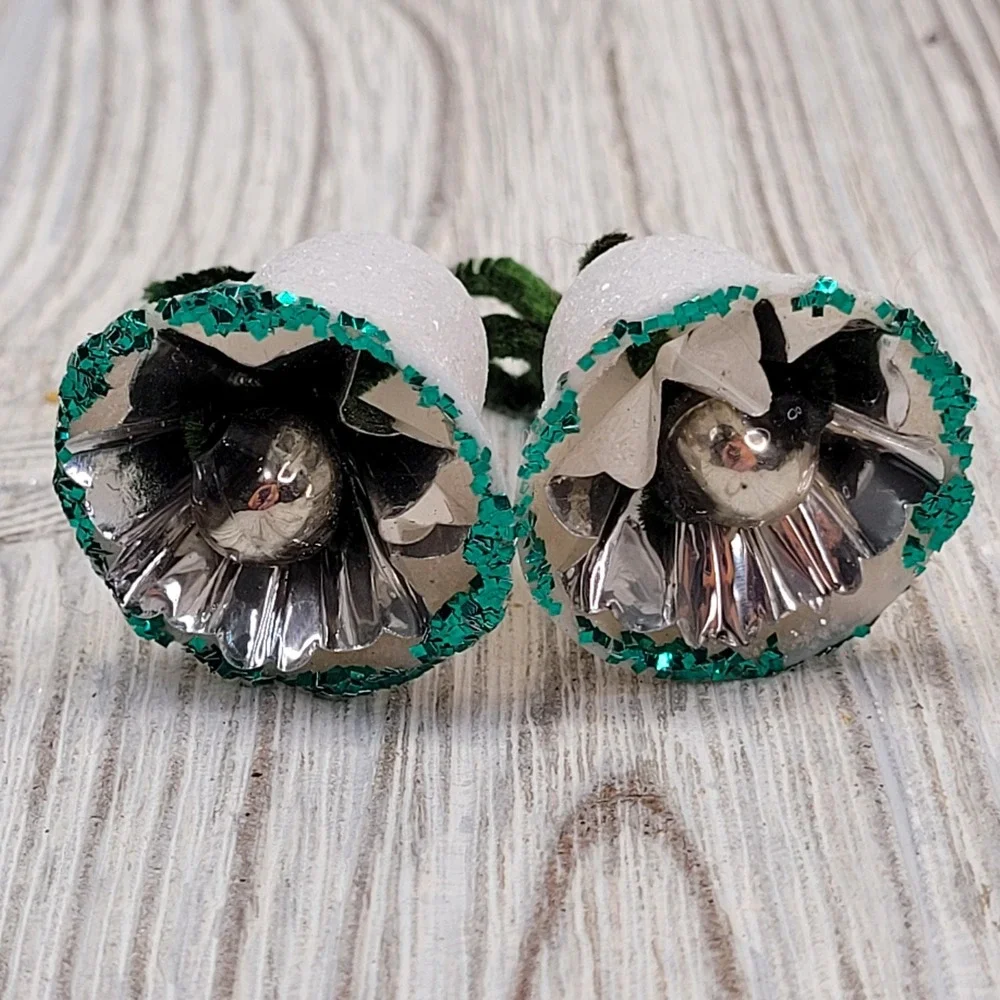 2 Green Glitter Sugar White Bells Insert Pipe Cleaner‎ Christmas Tree Ornament
